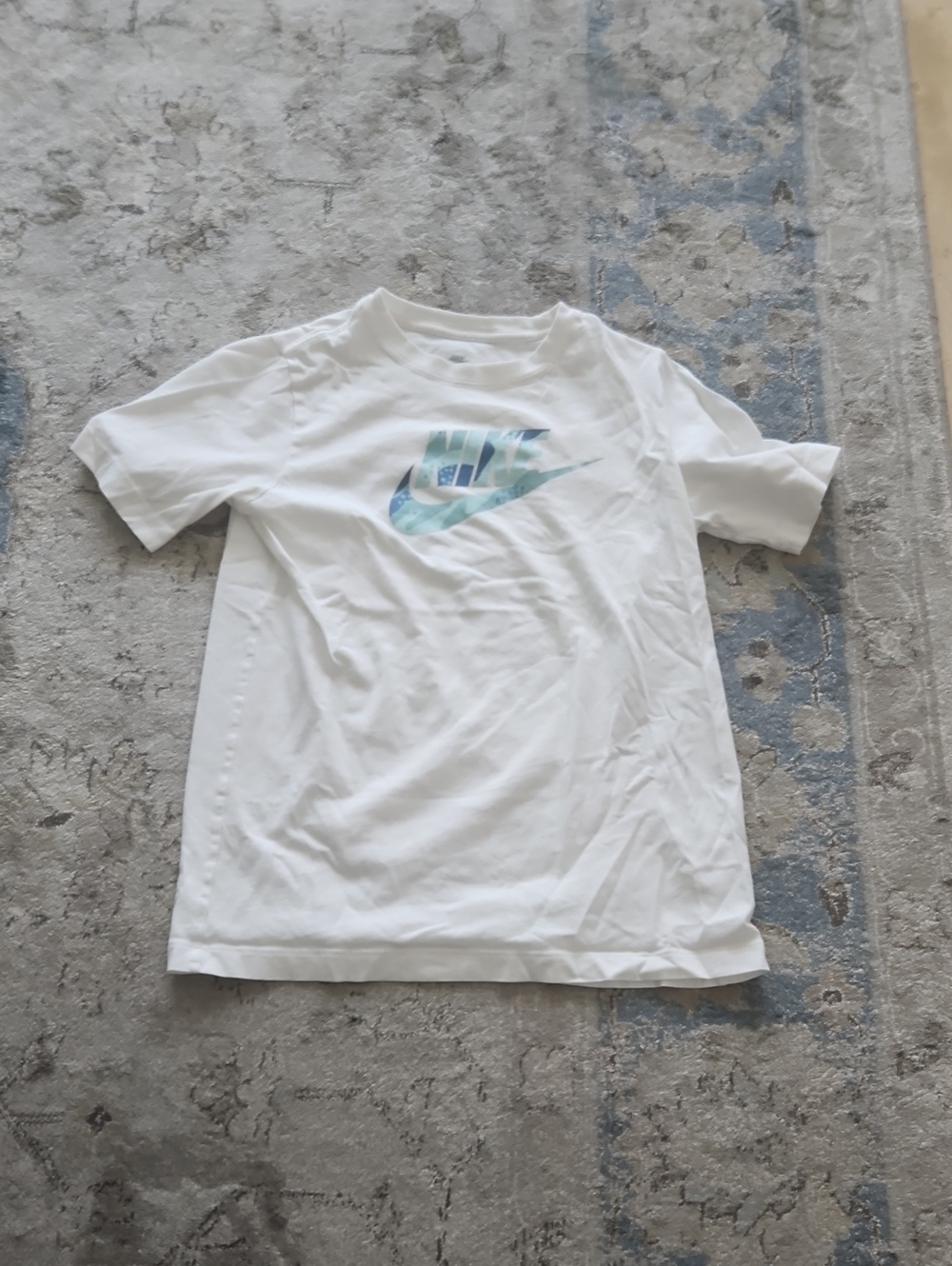Nike White Short-Sleeve Tee with Blue-Green Swoosh
